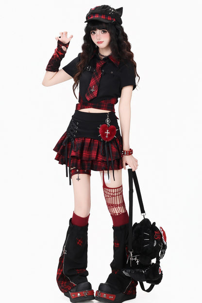 Gothic Plaid Mini Skirt with Heart Charm + Leg Warmers