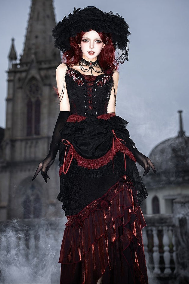 [Pre-order] Red and Black Dark Gothic Lolita Jacquard Corset Bustier Top