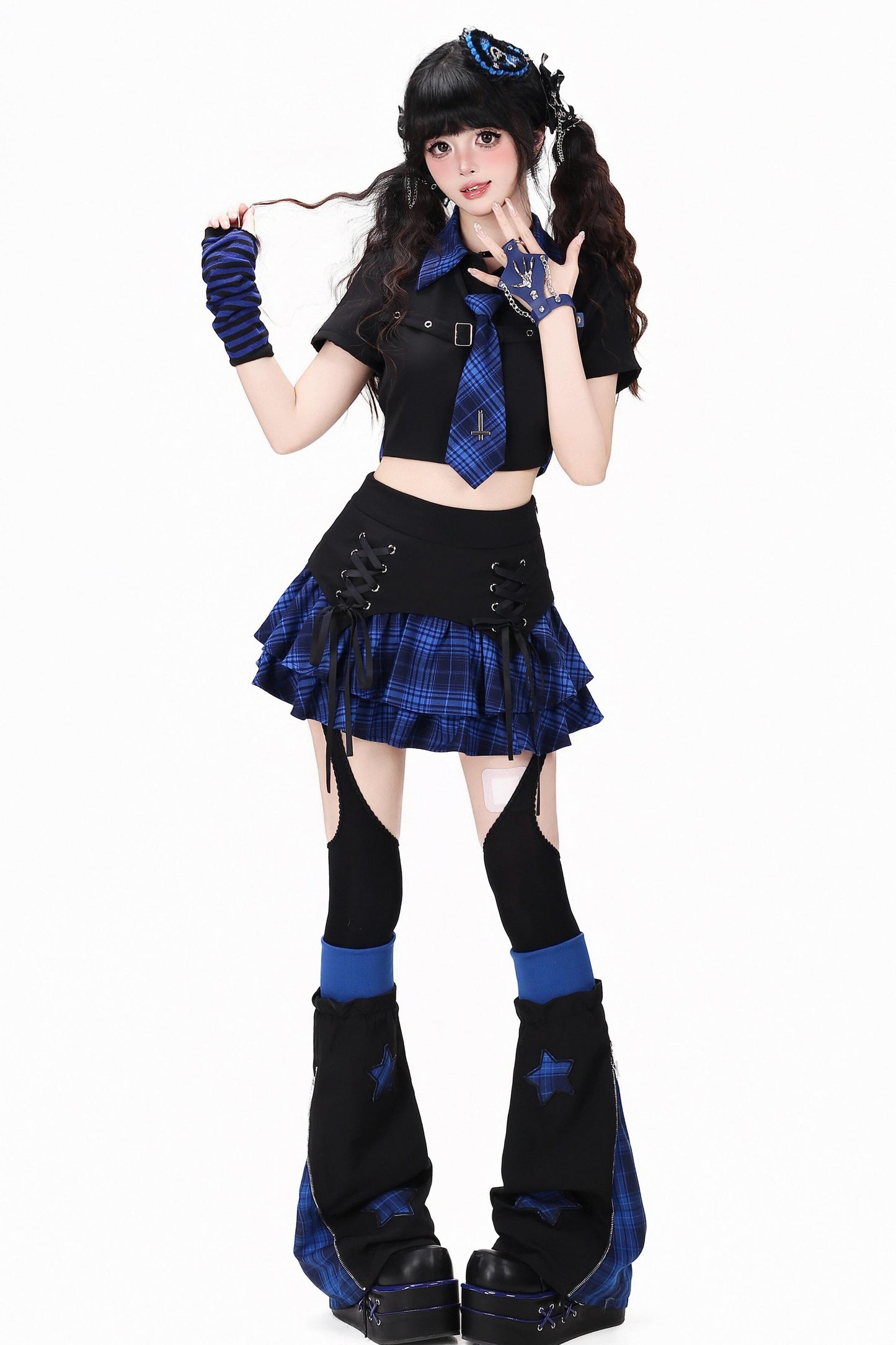 Gothic Plaid Mini Skirt with Heart Charm + Leg Warmers