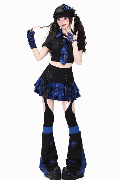 Gothic Plaid Mini Skirt with Heart Charm + Leg Warmers