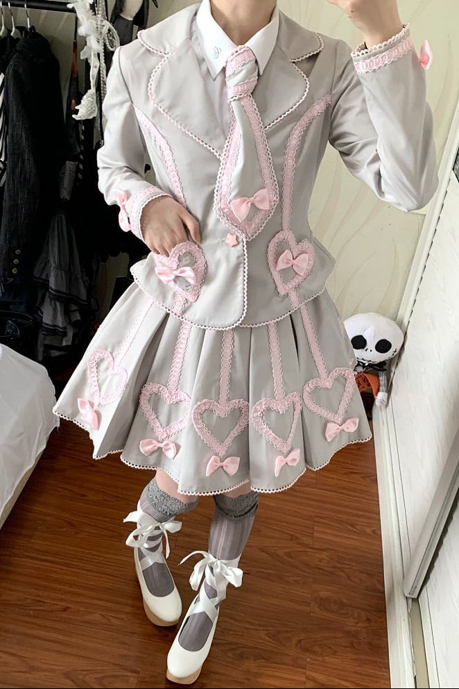 [Pre-order Deadline: June 28] Pink/Gray Vintage Lolita Heart Ribbon Tailored Jacket + Skirt + Tie