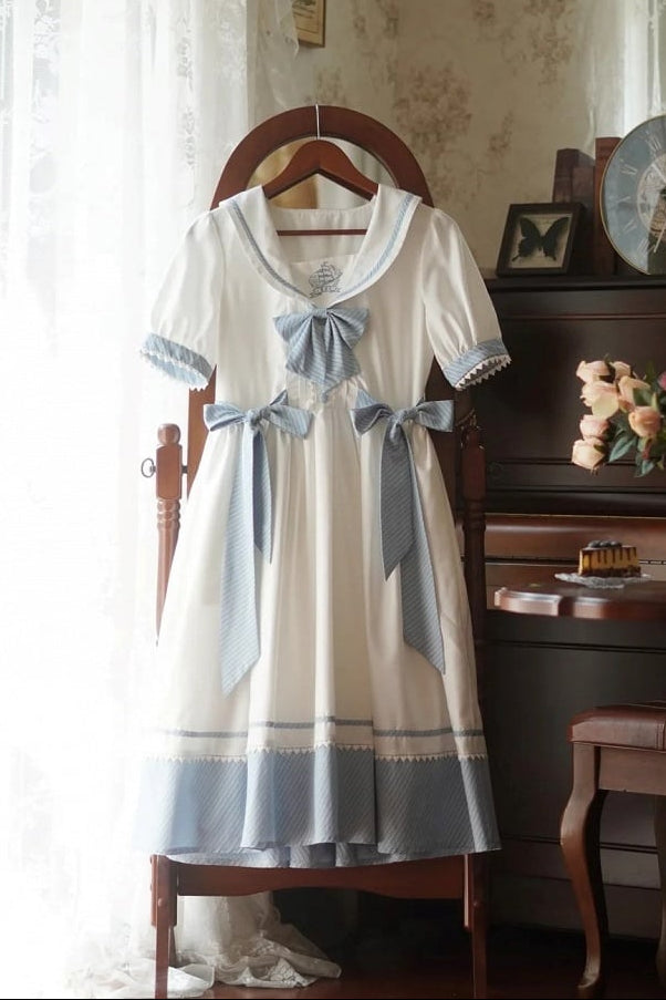 [Reservierungsschluss 28. Juni] 5 Farben/Sailor-Lolita-Streifenkleid mit Schleife und Puffärmeln