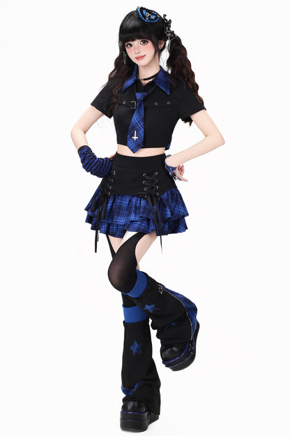 Gothic Plaid Mini Skirt with Heart Charm + Leg Warmers