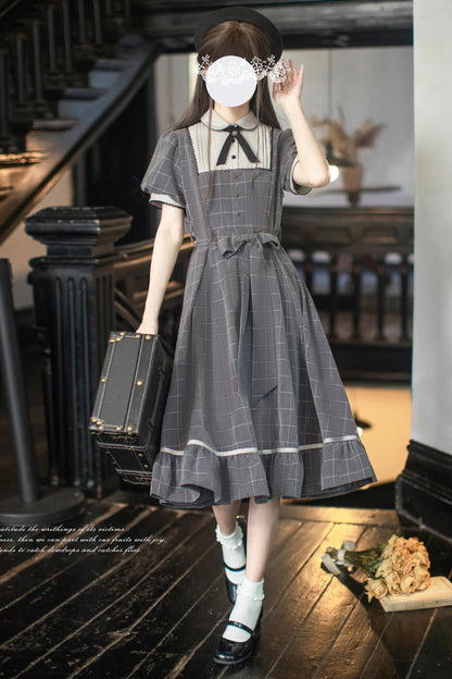 Nostalgic Plaid Ribbon Young Lady Dress