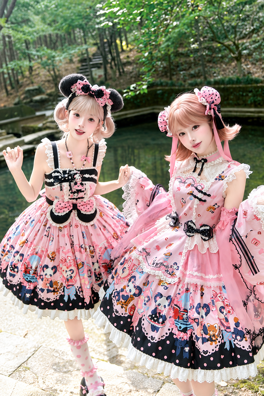 [Reservierungsschluss am 1025] Pink/Grüne Chinoiserie-Lolita-Sweet-Panda-Serie Accessoires (Teetassen-inspirierter Minihut, Pandaohren-Haube, Pandaohren-KC, Pandaohren-Barett, Haarclip, Halskette, Handtasche, Quastenbrosche, Socken)