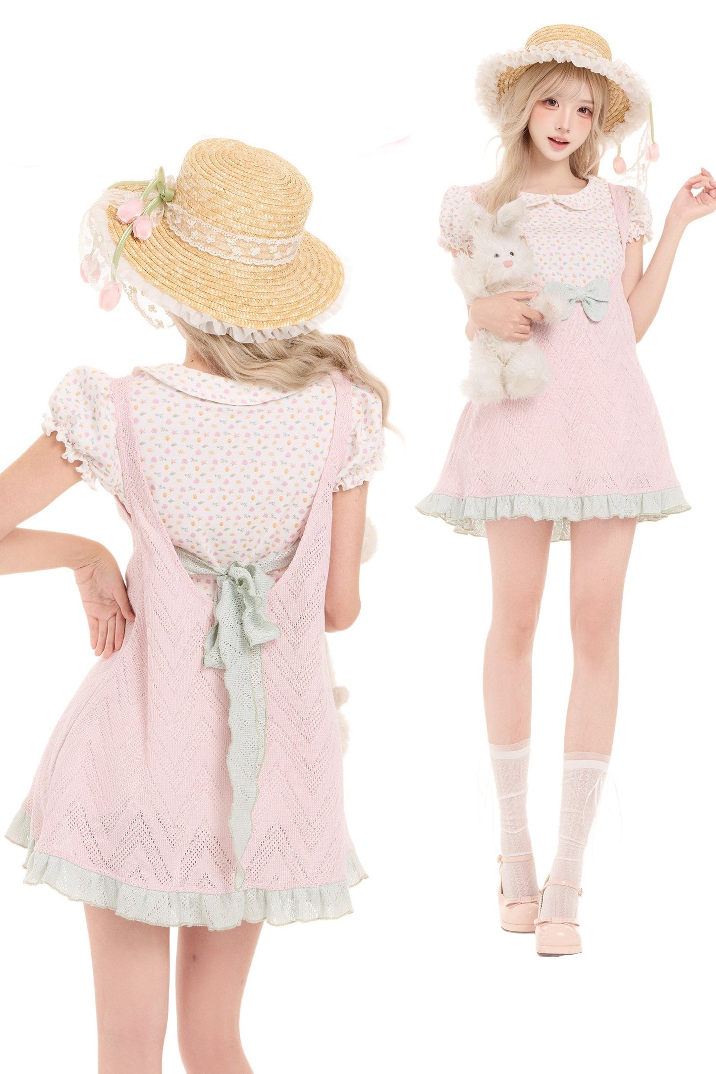 Mädchenhaftes weißes Druckhemd + Kleid mit Schleife