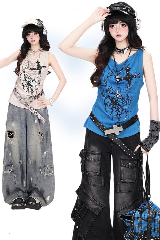 Punk Cross Stud Sleeveless Tank Top
