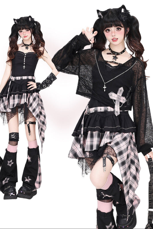Asymmetric Plaid Subculture Gothic Dress + Cardigan + Leg Warmers