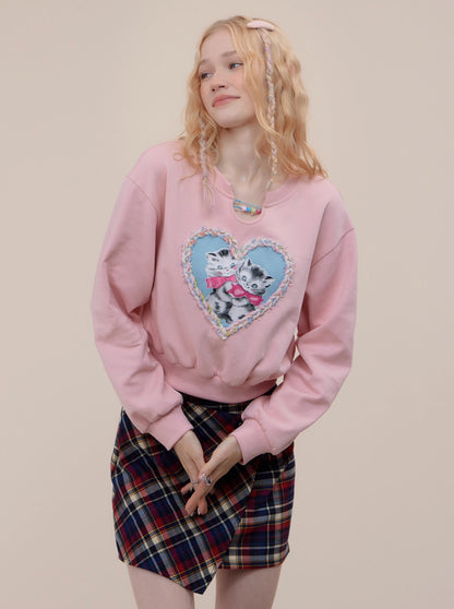 Short Loose American Retro Love Cat Sweatshirt