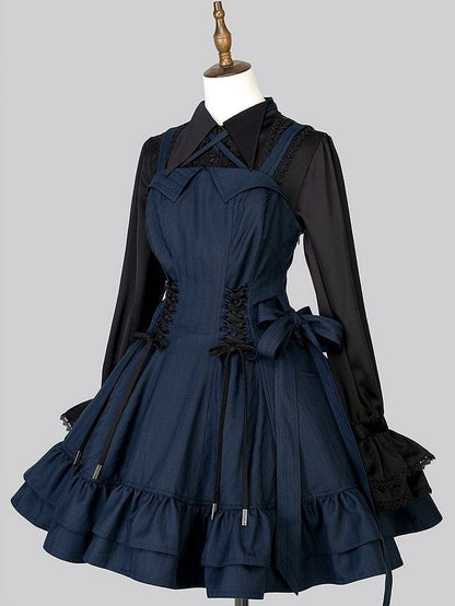 【12月26日予約締切】ゴシックロリータダークカラーストライプリボンサスドレス