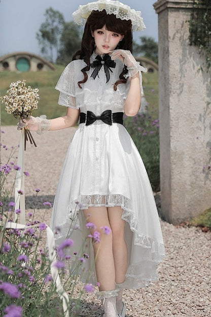 【10月8日予約締切】White Classic Lolita Black Bow High-Low Dress(Sheer lace hem version / Plain satin frill hem version)