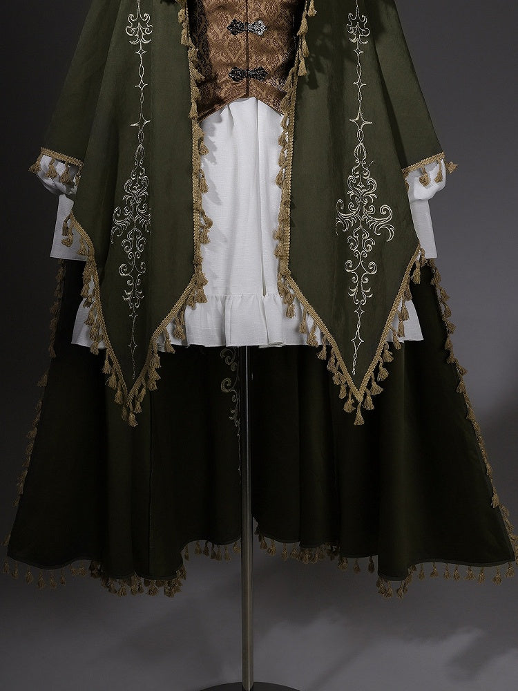 [Clôture des précommandes le 6 novembre] Ensemble robe gothique classique fantaisie blanche à manches longues avec col à volants + cape verte à capuche brodée avec pampilles + gilet marron jacquard
