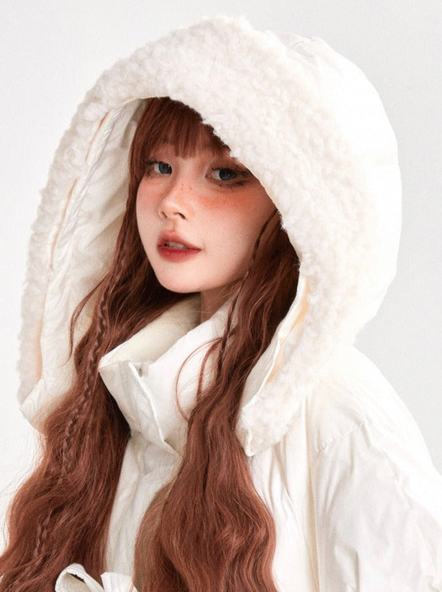 Boa Hoodie Sweet Ribbon Drawstring Long Down Coat