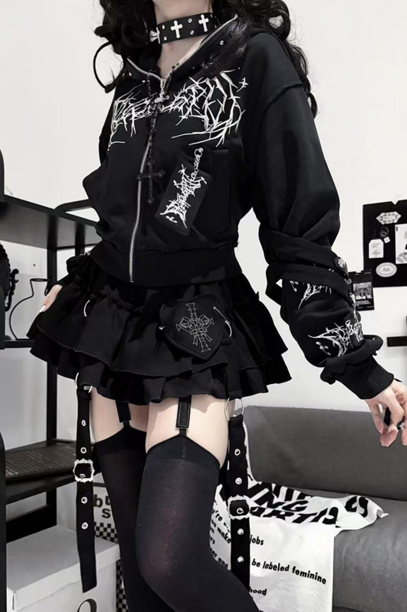 Subculture Embroidered Studded Hooded Hoodie