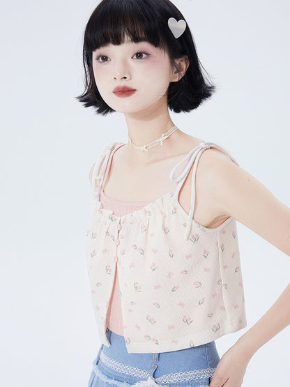 Frilled flower & pink layer ribbon camisole