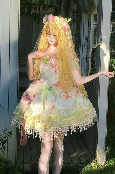 [Clôture des réservations le 10/8] Robe lolita corset à volants en dentelle florale rose x vert doux + ensemble complet (coiffe couronne florale avec voile + manches amovibles)