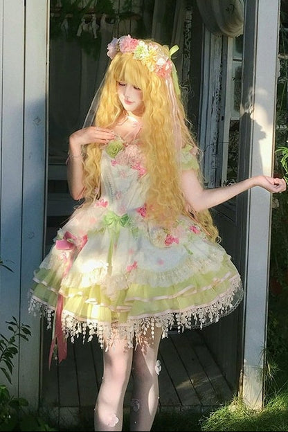 [Clôture des réservations le 10/8] Robe lolita corset à volants en dentelle florale rose x vert doux + ensemble complet (coiffe couronne florale avec voile + manches amovibles)