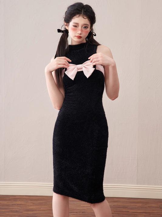 Black Knit Ribbon Mink Sleeveless Dress