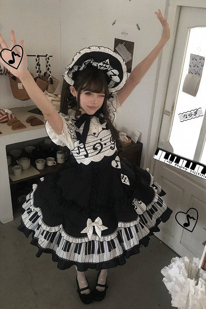 [Reservierungsschluss 15. August] Klassisches Piano-Lolita-JSK mit Rüschenträgern, Notenschleifen-Schürzenkleid-Set + Komplettset