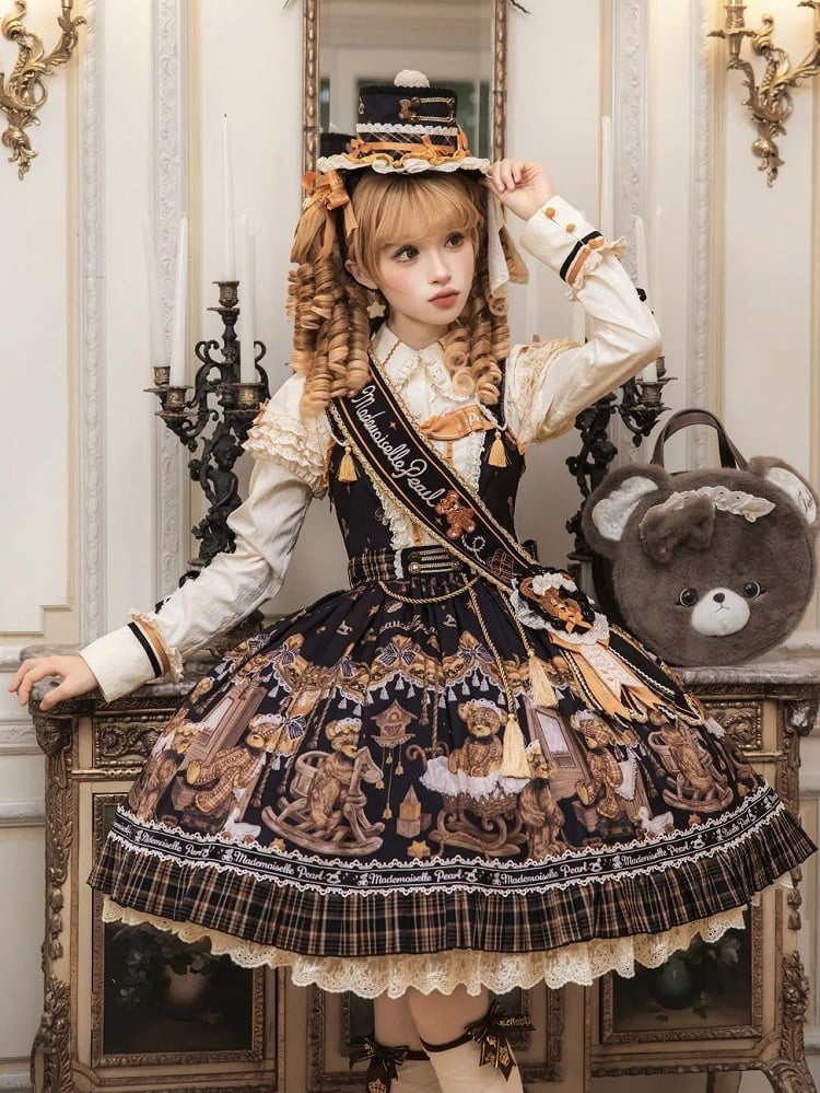 [Reservierungsschluss 8. September] Classic Bear Lolita-Stufenkleid mit weißem Kragen, Karomuster, Spitze und Schleife+Vintage-JSK-Kleid mit Teddybär-Print und Spitze+Vintage-Lolita-Kleid mit Teddybär-Print, Karokragen und klassischem Karomuster