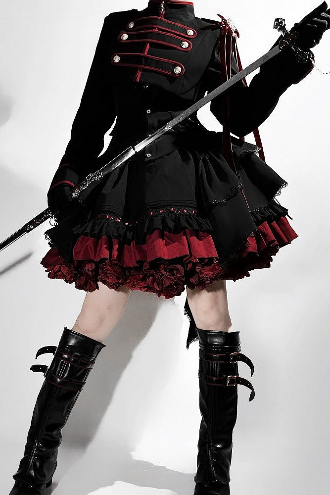 【9月13日予約締切】Black Red Military Ruffle Lolita Series Accessories (Officer cap ・ Leg covers ・ Sash)