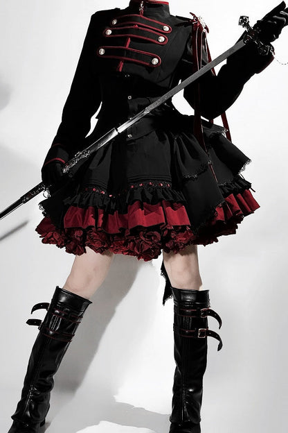 【9月13日予約締切】Black Red Military Ruffle Lolita Series Accessories (Officer cap ・ Leg covers ・ Sash)