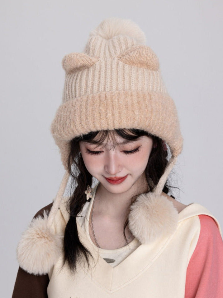 Cat Ear Snowball Knit Hat