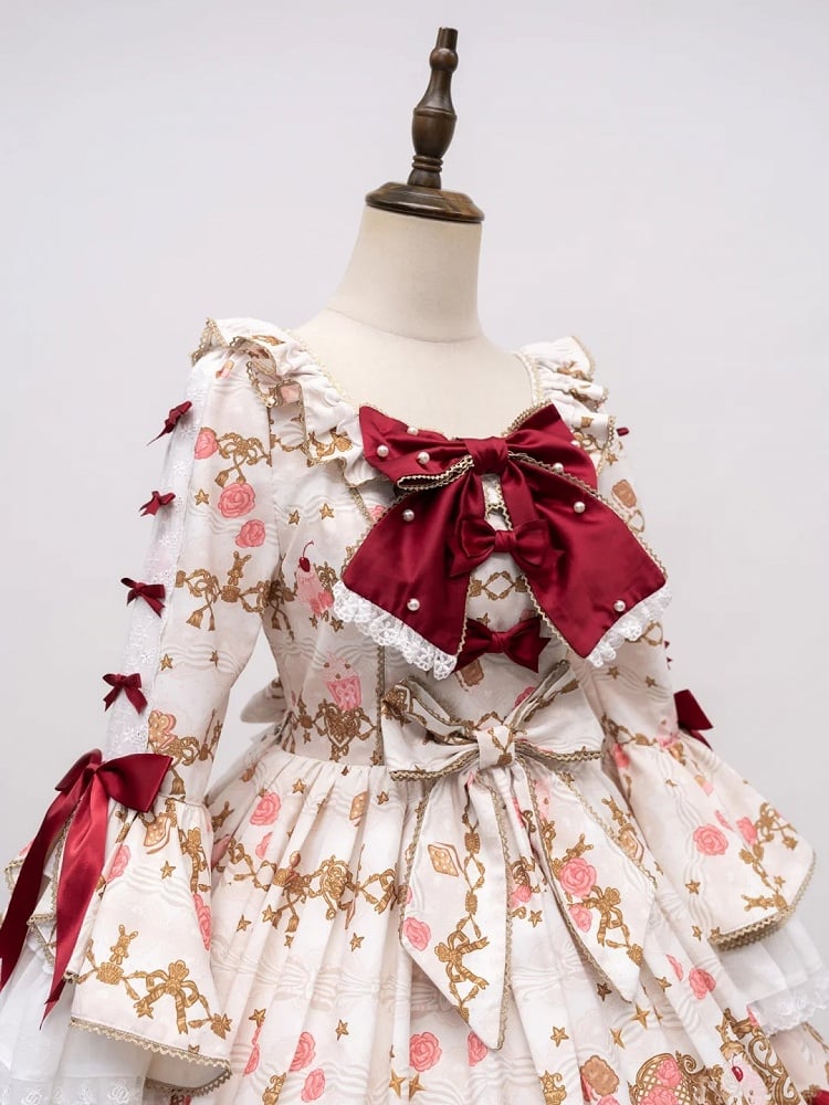 【4月26日予約締切】レトロロマンスイートロリータリボンケーキプリントゴージャス姫袖ドレス