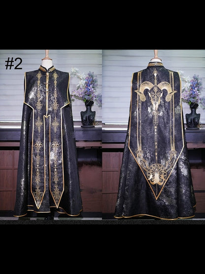 [Reservierungsschluss 13. September] Schwarz-goldener Gothic-Prinzen-Cape-Mantel mit königlicher Stickerei – 2 Stoffoptionen