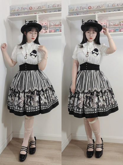 【10月3日予約締切】Black White Striped Gothic Rose Print Skirt(Short/Long)