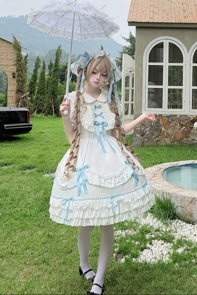 【10月4日予約締切】Blue & White / Pink & White Gothic-Inspired Sweet Lolita Ribbon Ruffle Dress＋Cross Embroidery Ribbon Cape