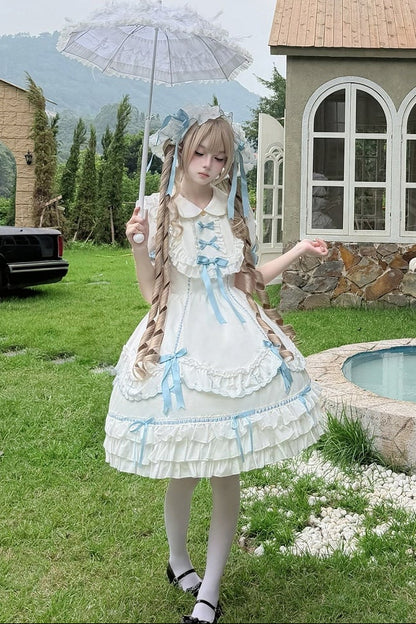 【10月4日予約締切】Blue & White / Pink & White Gothic-Inspired Sweet Lolita Ribbon Ruffle Dress＋Cross Embroidery Ribbon Cape
