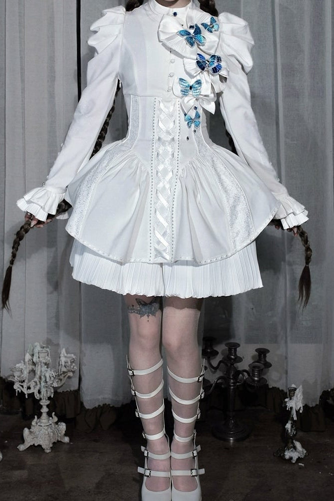 [Reservierungsschluss 14. Oktober] Schwarz-weißes Gothic-Lolita-Minikleid mit Schmetterlingsschleife, Bandkragen und Schnürung am Rücken