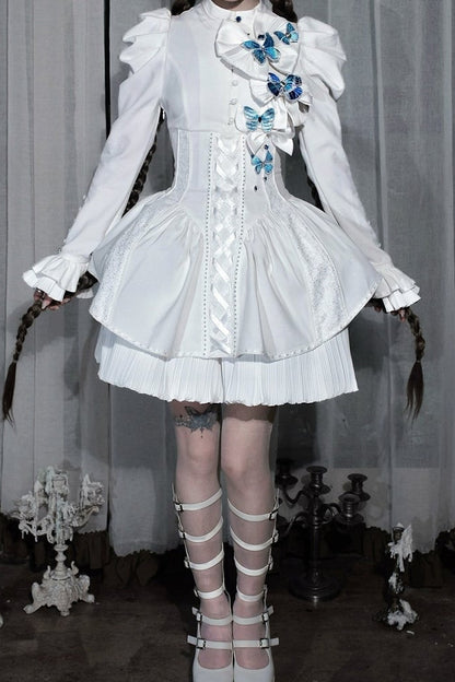 [Reservierungsschluss 14. Oktober] Schwarz-weißes Gothic-Lolita-Minikleid mit Schmetterlingsschleife, Bandkragen und Schnürung am Rücken