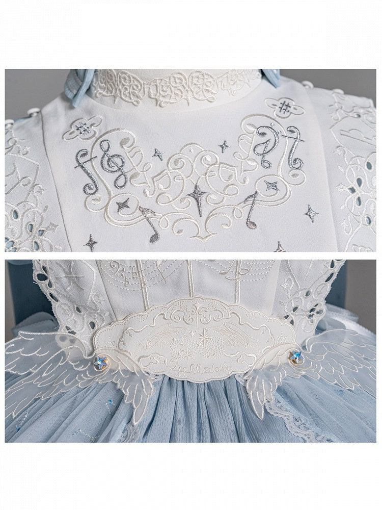[Vorbestellschluss: 9.23] Klassisches Lolita-Kleid in Hellblau/Dunkelblau mit Himmelsstern-Stickerei, Glockenärmeln, Tülllagen und Schleife