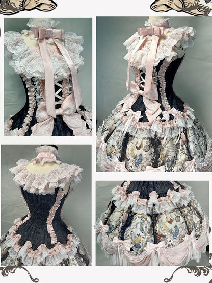 [Pre-order Deadline: September 28] Navy/Off-White Alice Classical Lolita Print Playing Card Frill Ribbon Dress + KC Set + Bunny Ear Hat Set