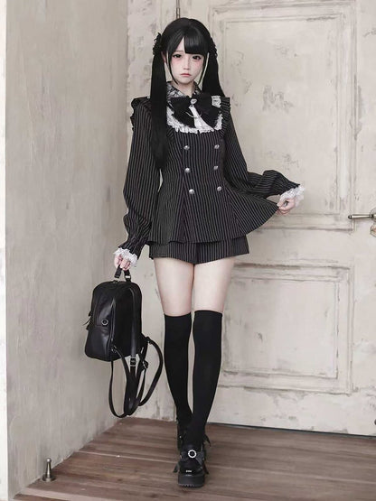 【12月15日予約締切】ダークゴシックレースダブルブレストストライプスーツセット＋ヘアアクセサリー