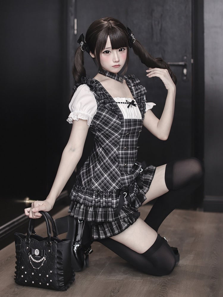 【4月29日予約締切】ブラックチェックフリルリボンパフスリーブミニドレスセットアップ＋チョーカー