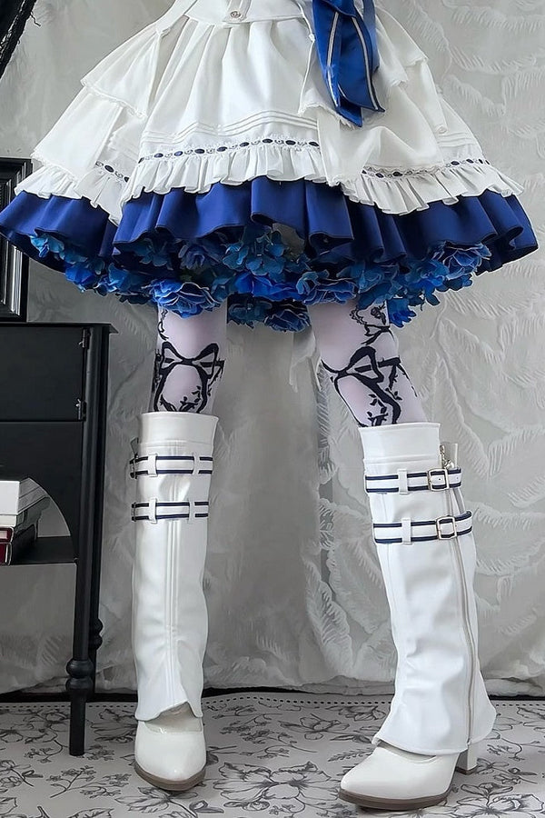【9月13日予約締切】Blue White Military Ruffle Lolita Jacket (with epaulet bow) + Shirt + Short Skirt Set / Shorts Set + Complete set 1/2 (Officer cap + Leg covers + Sash)