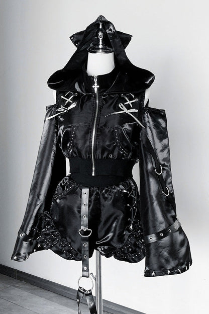 [Vorbestellungsartikel] Glänzende und mattschwarze Gothic-Cyber-Katzenohren-Kapuzenjacke mit freien Schultern und Reißverschluss+kurze Hose mit Beinringen im Set