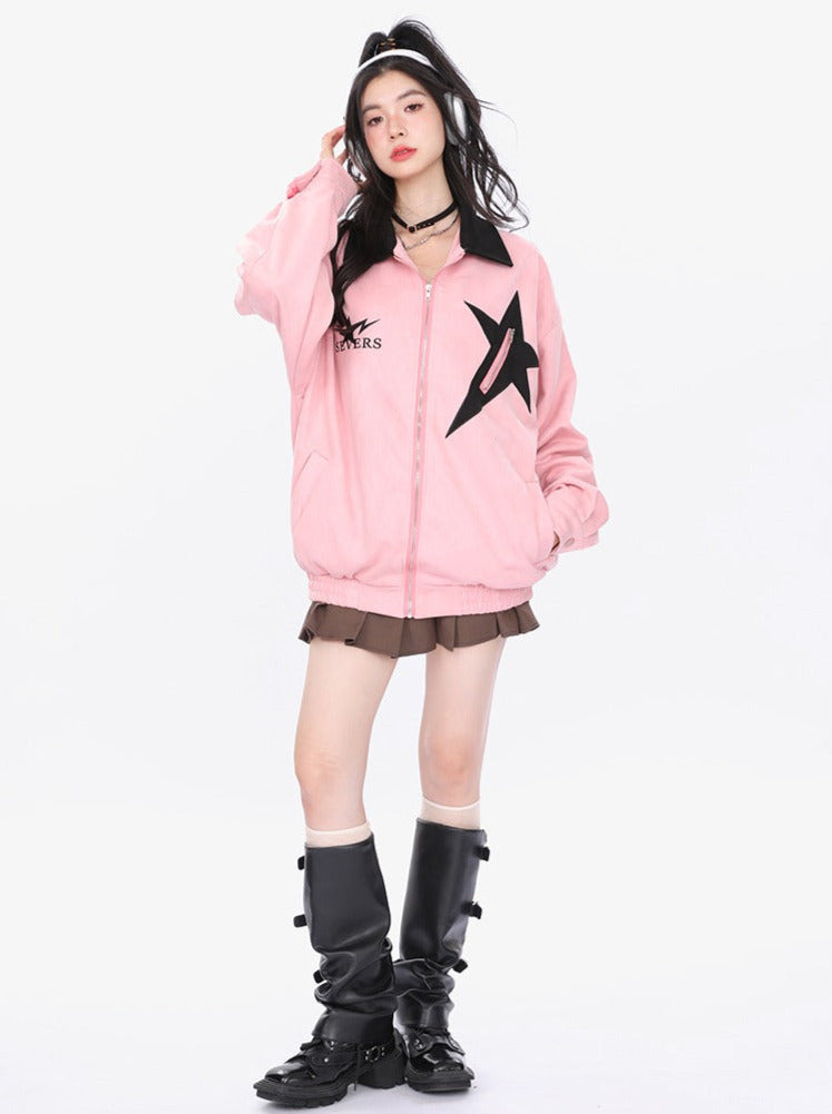 Trendy suede star patch loose jacket