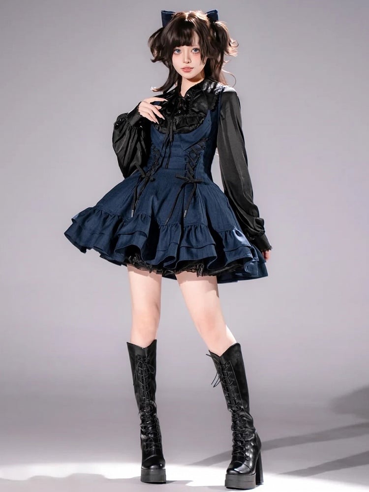 【12月29日予約締切】ゴシックロリータダークカラーストライプバッククロスフリルサスドレス