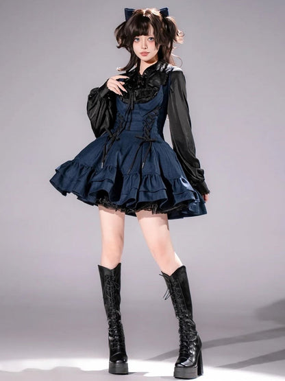 【12月29日予約締切】ゴシックロリータダークカラーストライプバッククロスフリルサスドレス