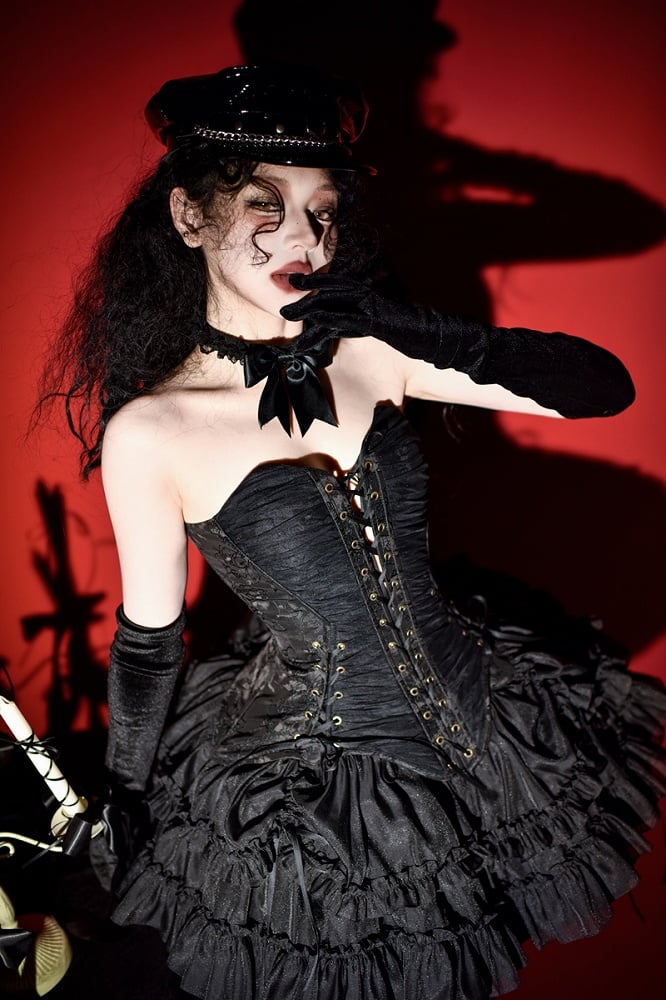 【1月29日予約締切】ゴシックレースアップコルセットビスチェトップス＋ドロストフリルスカート＋バタフライストラップ