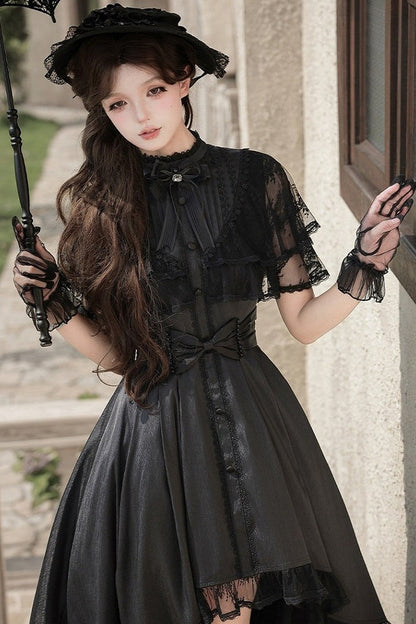 【10月8日予約締切】Black Classic Lolita Black Bow High-Low Dress(Sheer lace hem version / Plain satin frill hem version)