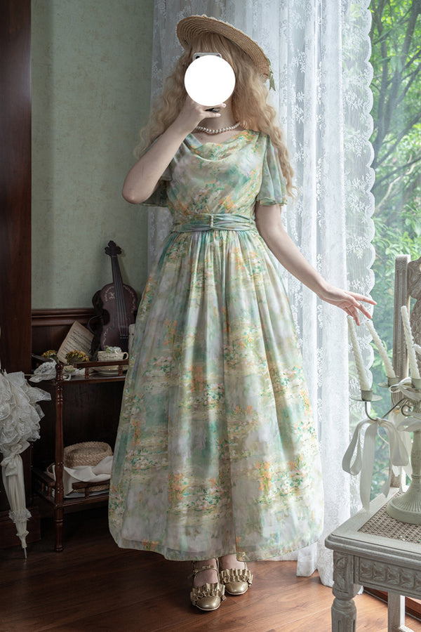 マーブルリゾートシフォンプリントドレス