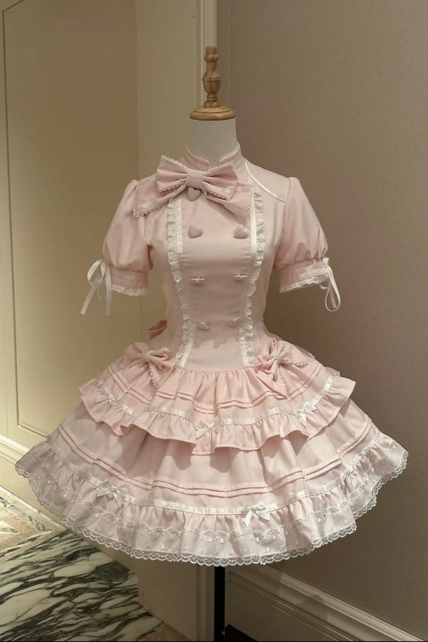 【10月23日予約締切】Pink Sweet Lolita Puff Sleeve Bow Frill Dress＋Full Set (with Hat and Wrist Cuffs)