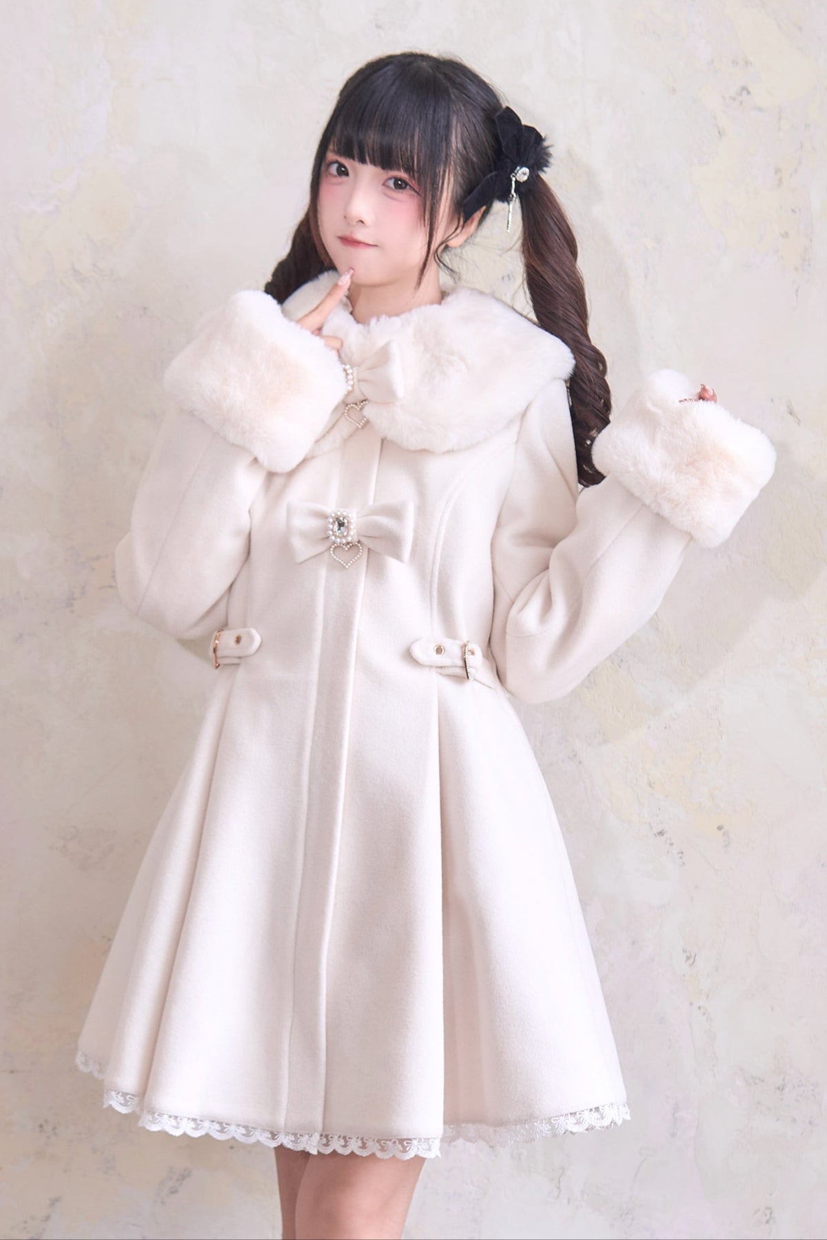 女優襟 ボリュームファーコート リボンベルト付 大きいサイズ 2XL/3L級 