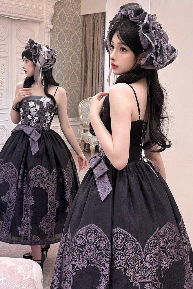 【9月8日予約締切】Black x Purple / White x Purple Lily Embroidery Stained Glass China Lolita Elegant Bow JKS Dress