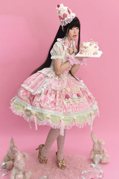 【6月26日予約締切】ストロベリーエンジェルスイートロリータプルアップチュールレイヤードOpドレス（ベルスリーブ付き）